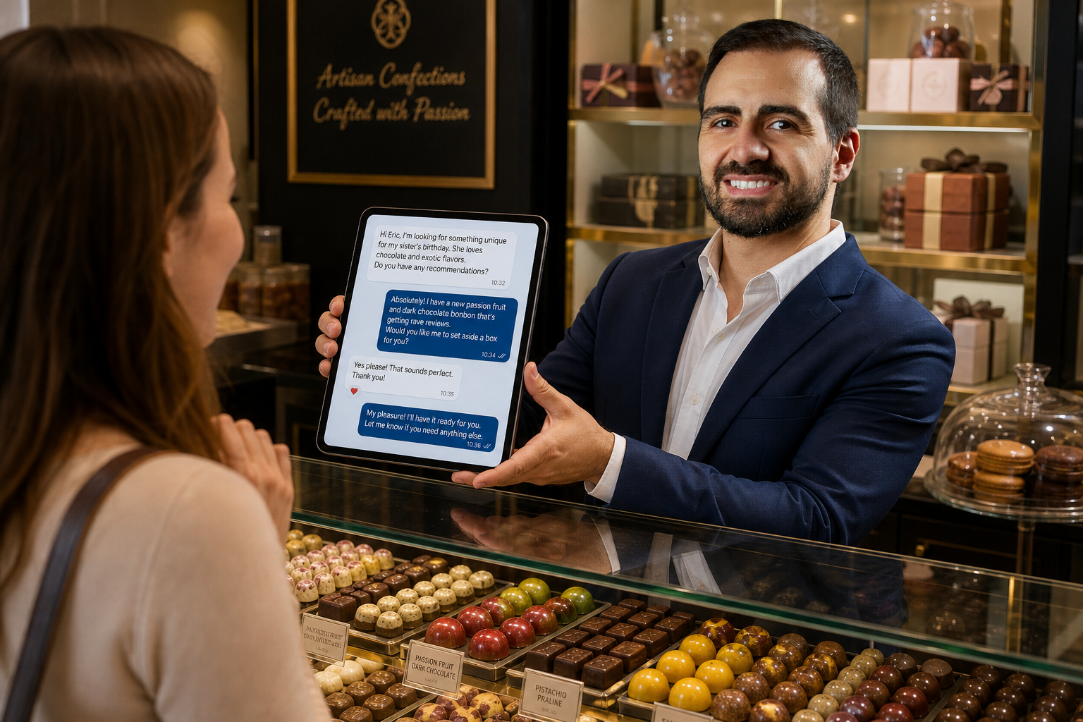Eric atendendo cliente com a Bia no tablet